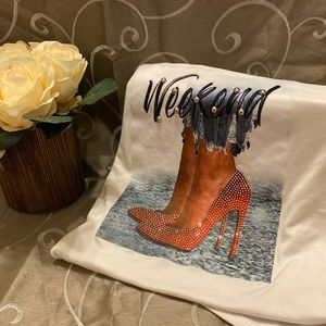 White tee w/red silver studded shoes and blue jeans. Weekend embellished as well